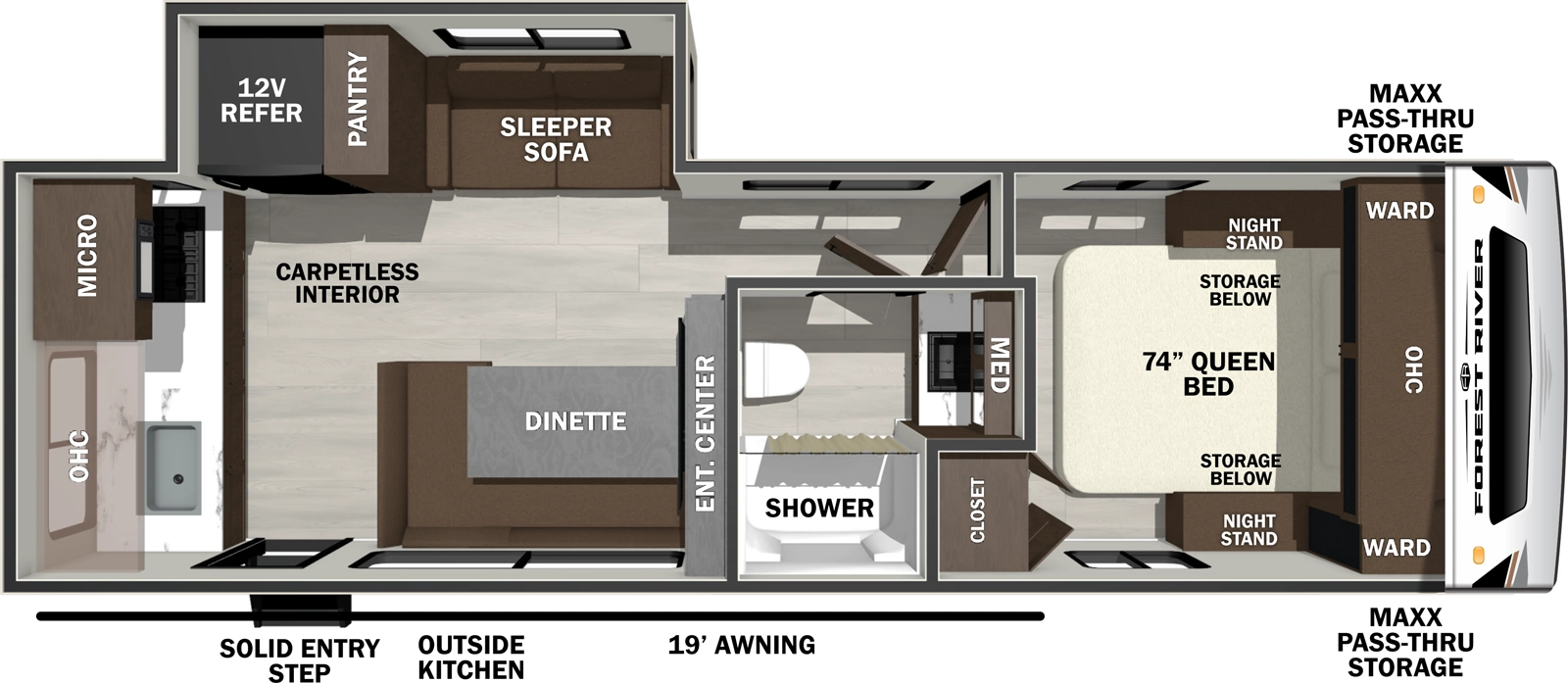 The Wildcat Travel Trailers 249RKX floorplan has one entry and one slide out. Exterior features include: fiberglass exterior and 19' awning. Interiors features include: rear kitchen and front bedroom.